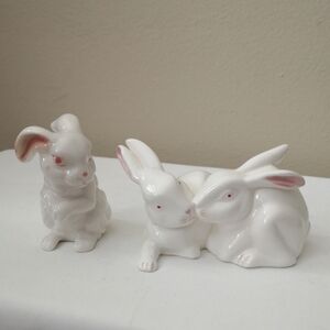 White Ceramic Bunny Figurines Set Of Two With Red / Pink (Creepy?) Eyes Vintage